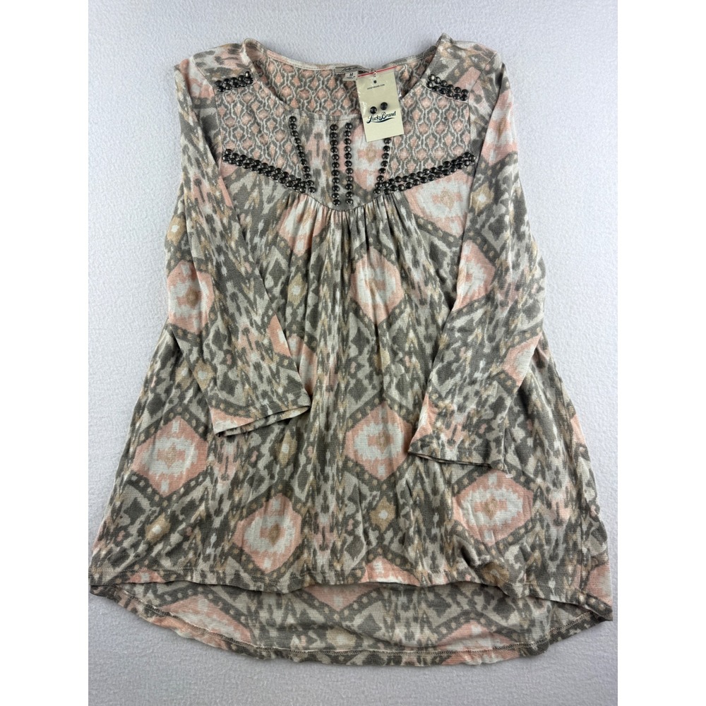 Lucky Brand Women's Medium Gray Pink Ikat Print Beaded Long Sleeve‎ Top